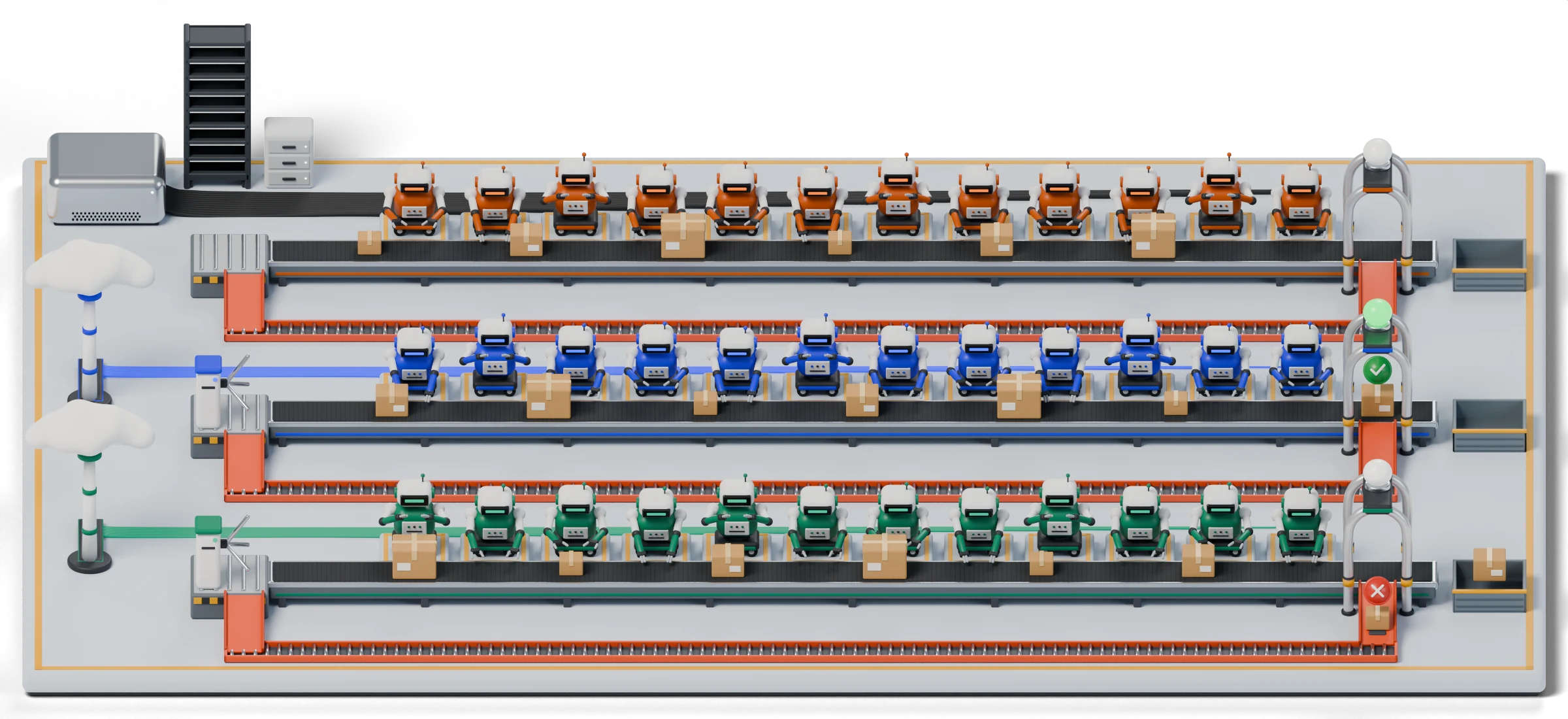 Three factory lines side by side. Copper robots work on our Mac, blue robots on Claude in the cloud, and green robots on GPT in the cloud. Boxes ride each belt to a gate that sends them to Done or back for rework.